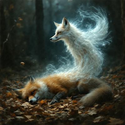 The primary subject of the image is a fox and a rabbit. The fox is lying down, and the rabbit is sitting next to it. The setting is a forest, with trees in the background. The visual style is a digital art or illustration, creating a surreal and dreamy atmosphere. The dominant colors are shades of brown and orange, which are typical of the forest environment.